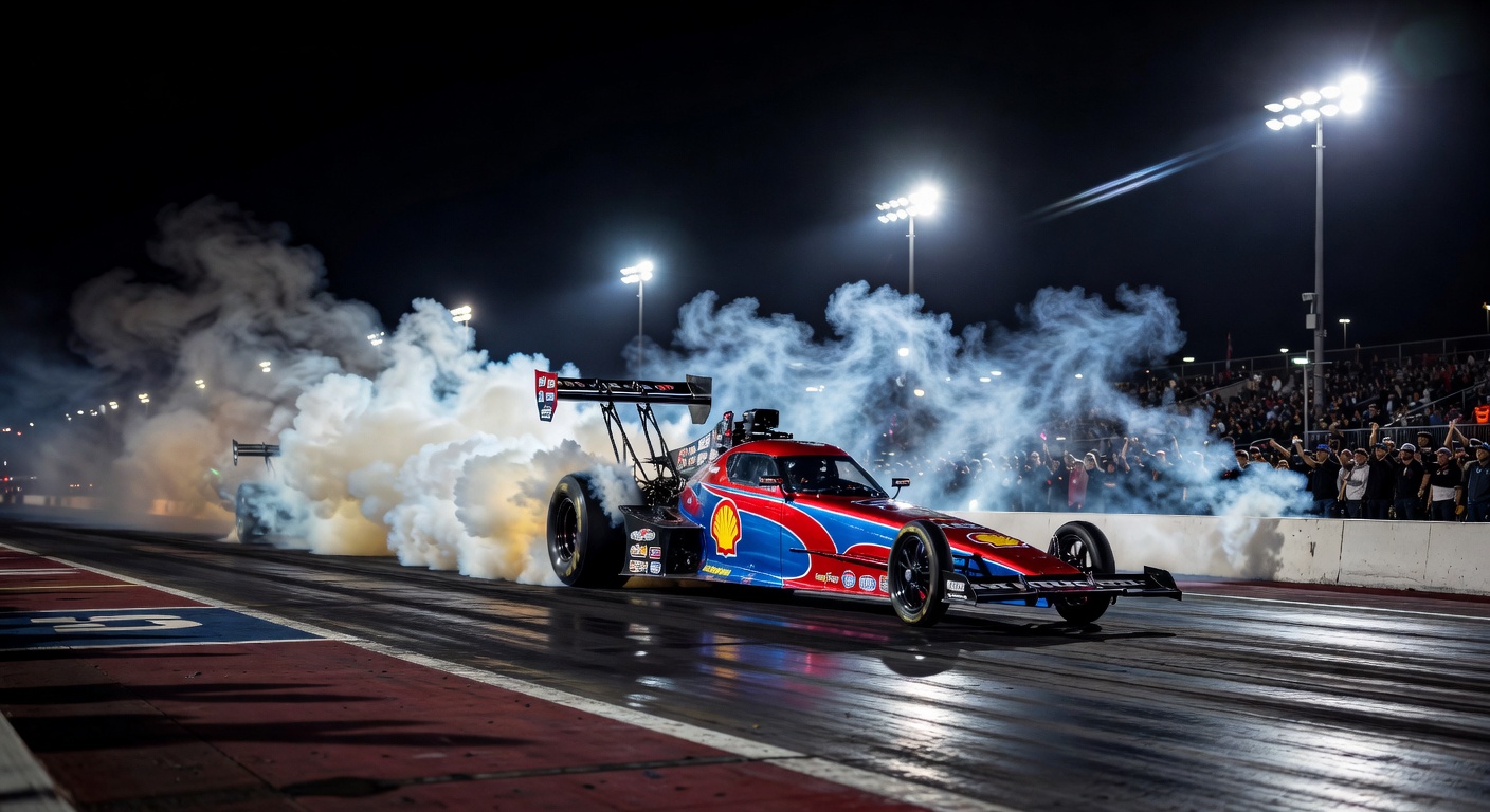 Carro de arrancada potente saindo da linha de largada com pneus soltando fumaça em evento noturno profissional de drag racing