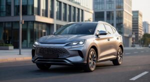 BYD Sealion 05 SUV híbrido plug-in na cor prata metálica em vista frontal três quartos