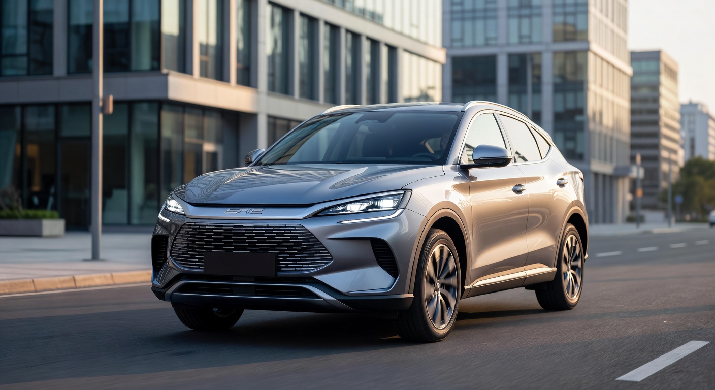 BYD Sealion 05 SUV híbrido plug-in na cor prata metálica em vista frontal três quartos