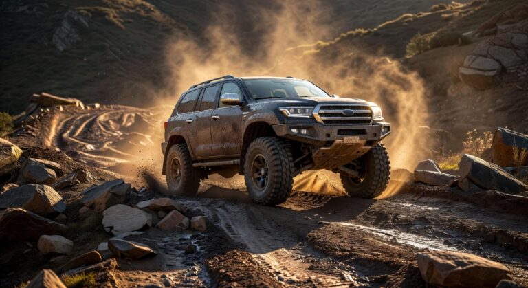 Carro 4x4 robusto em terreno off-road desafiador demonstrando capacidade de tração nas quatro rodas
