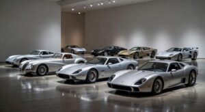 Coleção de carros icônicos e diferentes de várias épocas exibidos em ambiente moderno, destacando designs revolucionários que mudaram a indústria automotiva