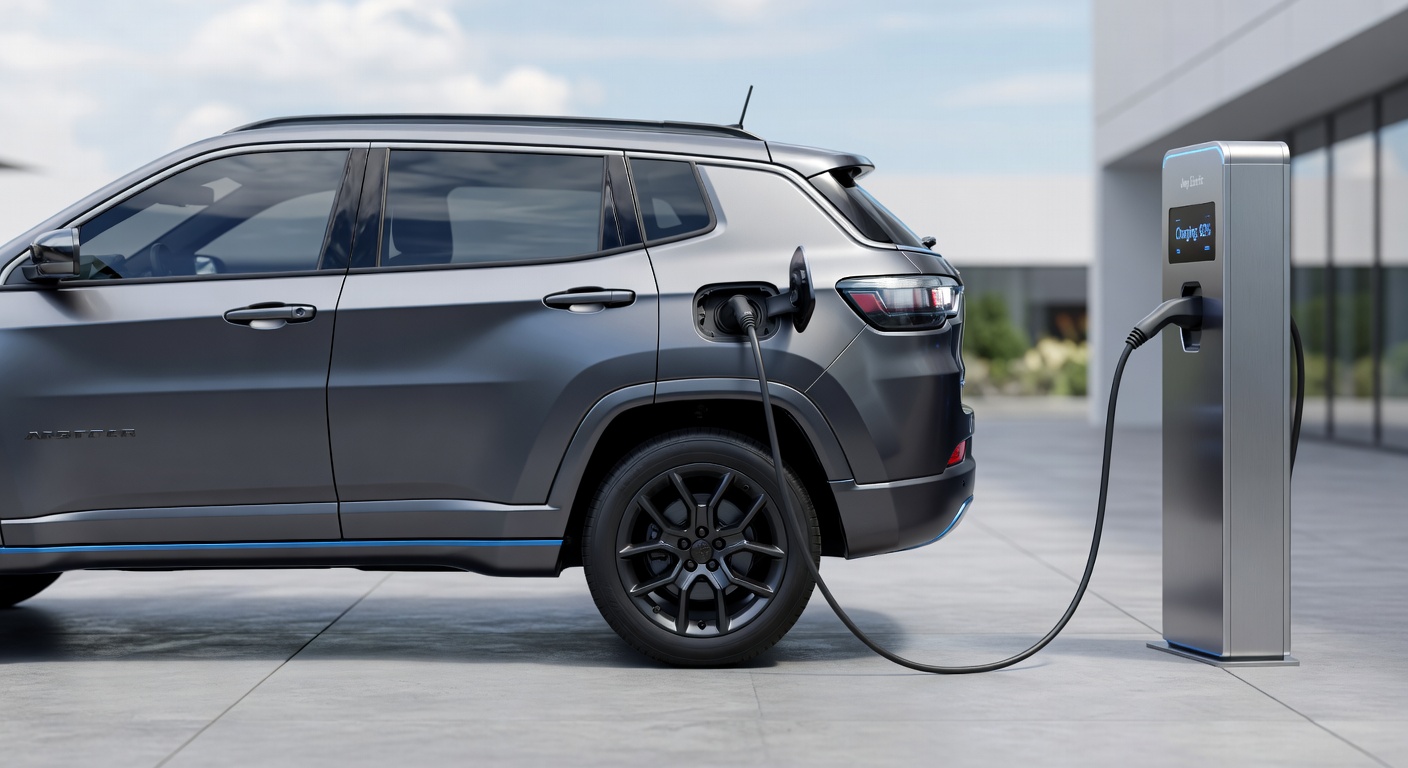 Jeep Compass 2026 versão elétrica sendo carregado em estação de recarga moderna