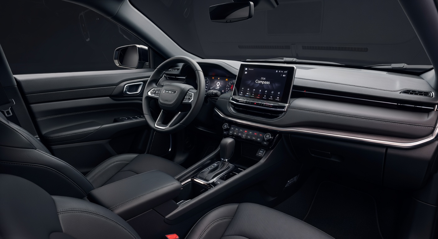 Interior premium do Jeep Compass 2026 mostrando painel digital e acabamento sofisticado
