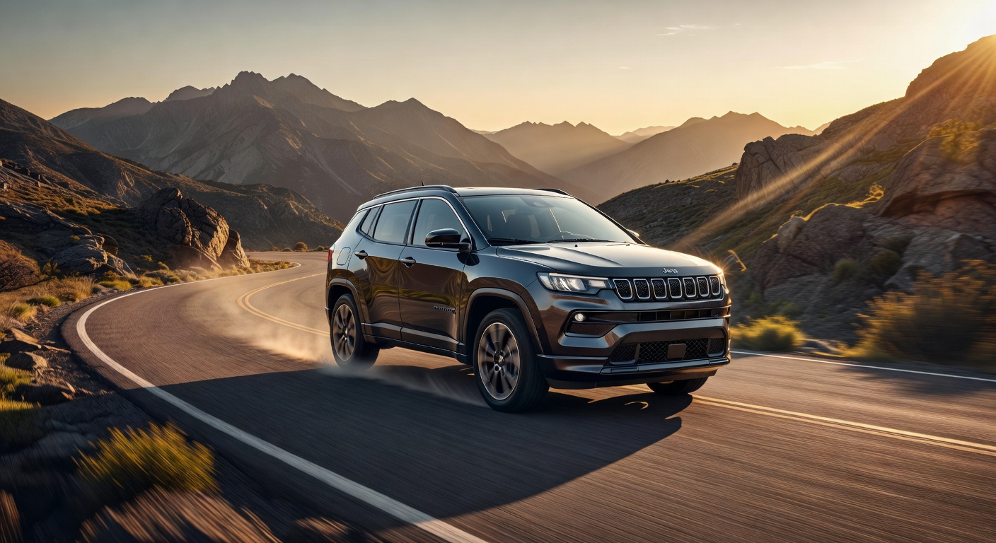 Jeep Compass 2026 em movimento em estrada sinuosa de montanha demonstrando desempenho