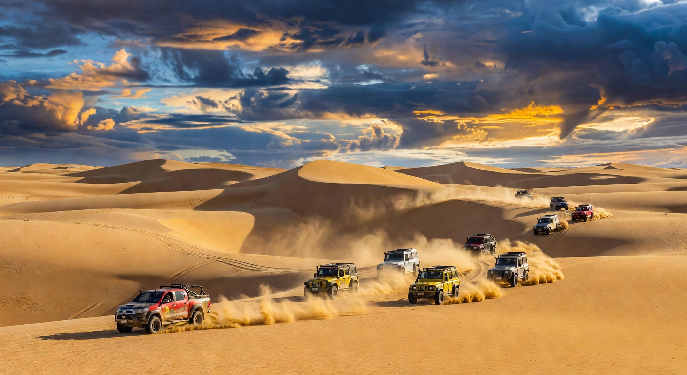 Comboio de veículos off-road atravessando dunas de areia sob céu dramático