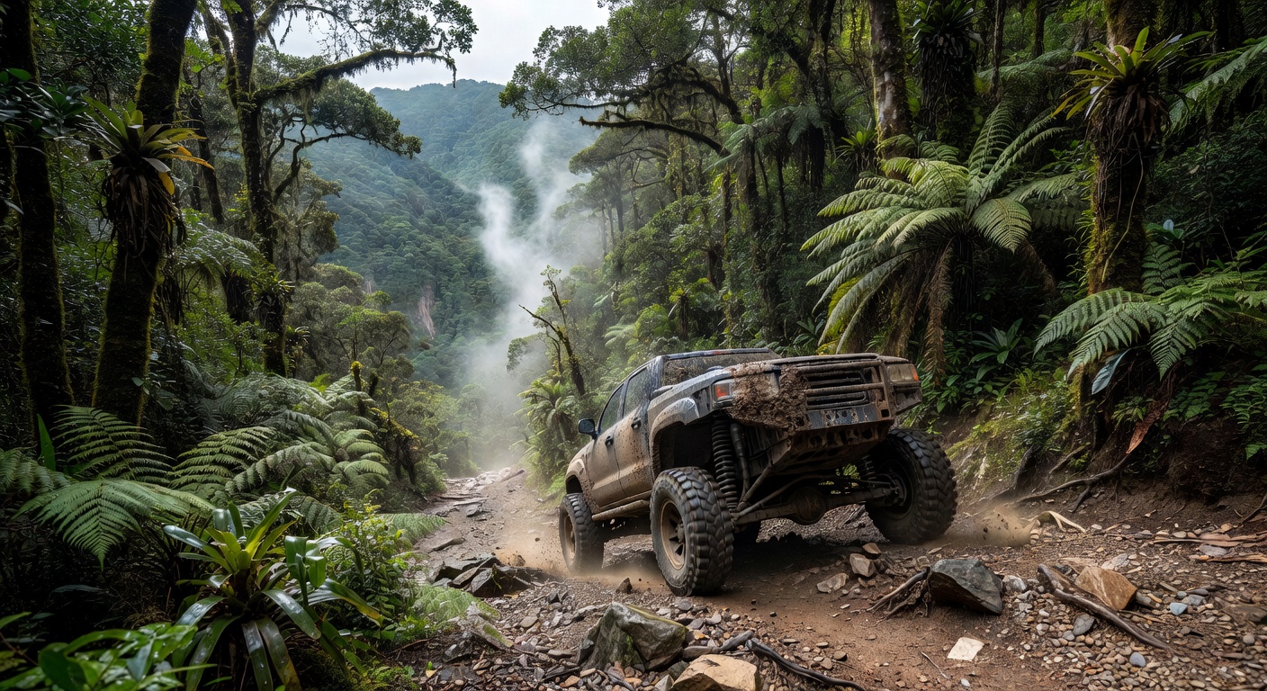 Caminhonete 4x4 subindo trilha íngreme em montanha cercada por Mata Atlântica
