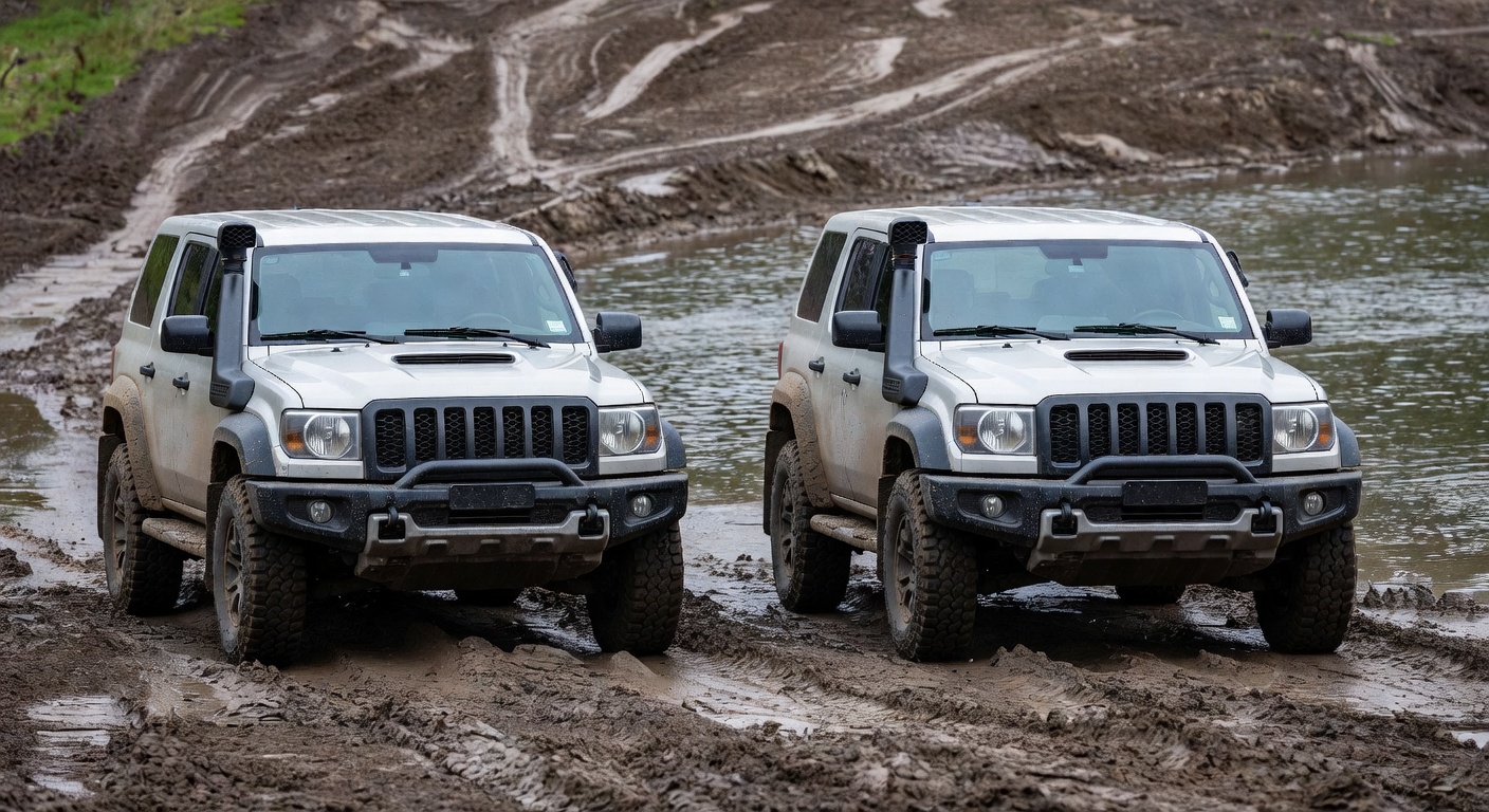 Comparação lado a lado de dois veículos 4x4, um com snorkel e outro sem
