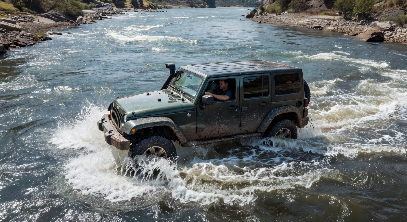 Jipe 4x4 equipado com snorkel atravessando rio com água na altura das portas