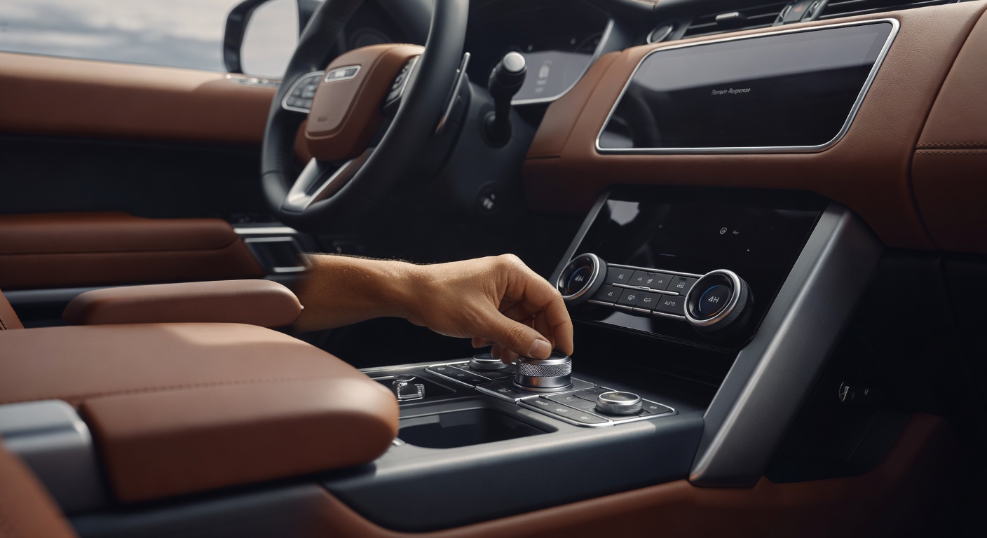 Interior de carro 4x4 moderno com controles de seleção de tração e modos de condução