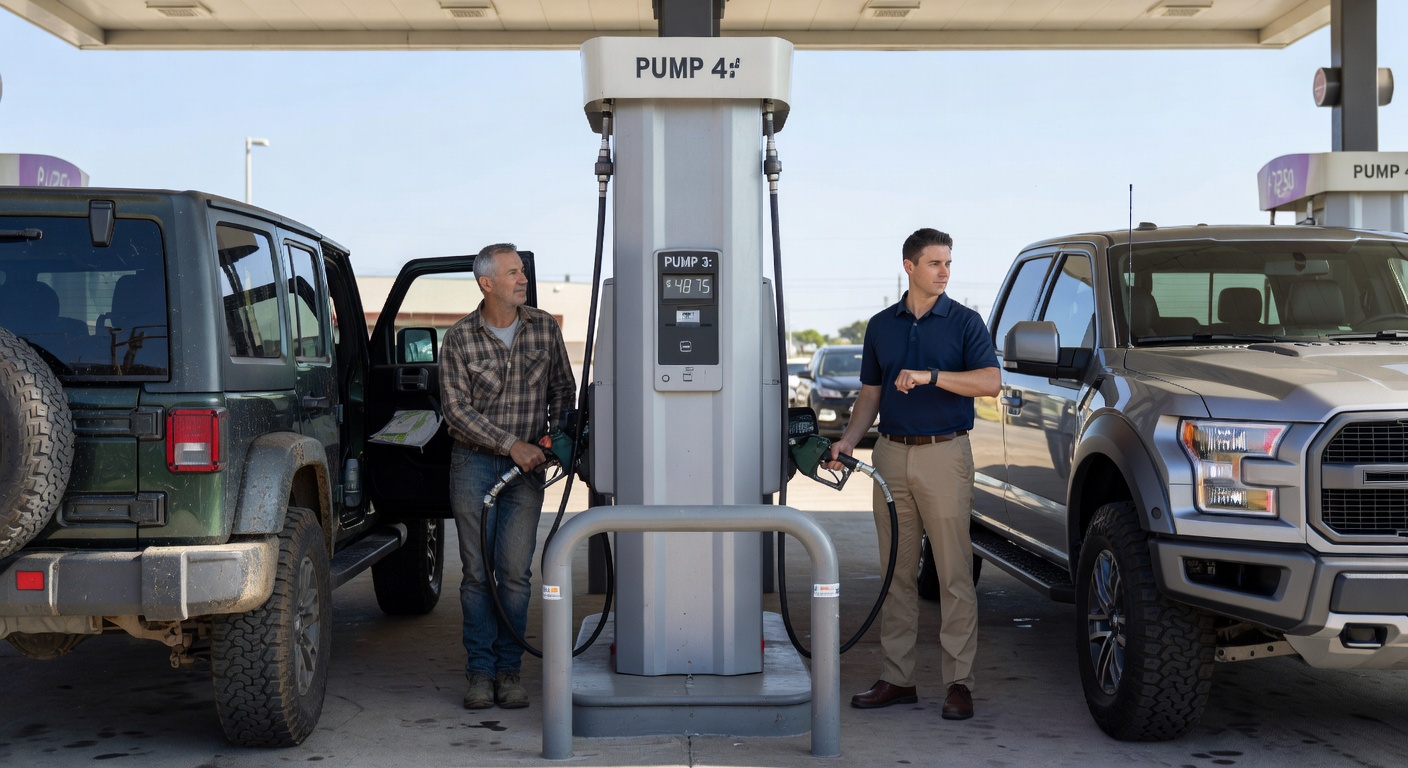 Comparação de consumo de combustível entre diferentes modelos de carros 4x4 em posto de gasolina