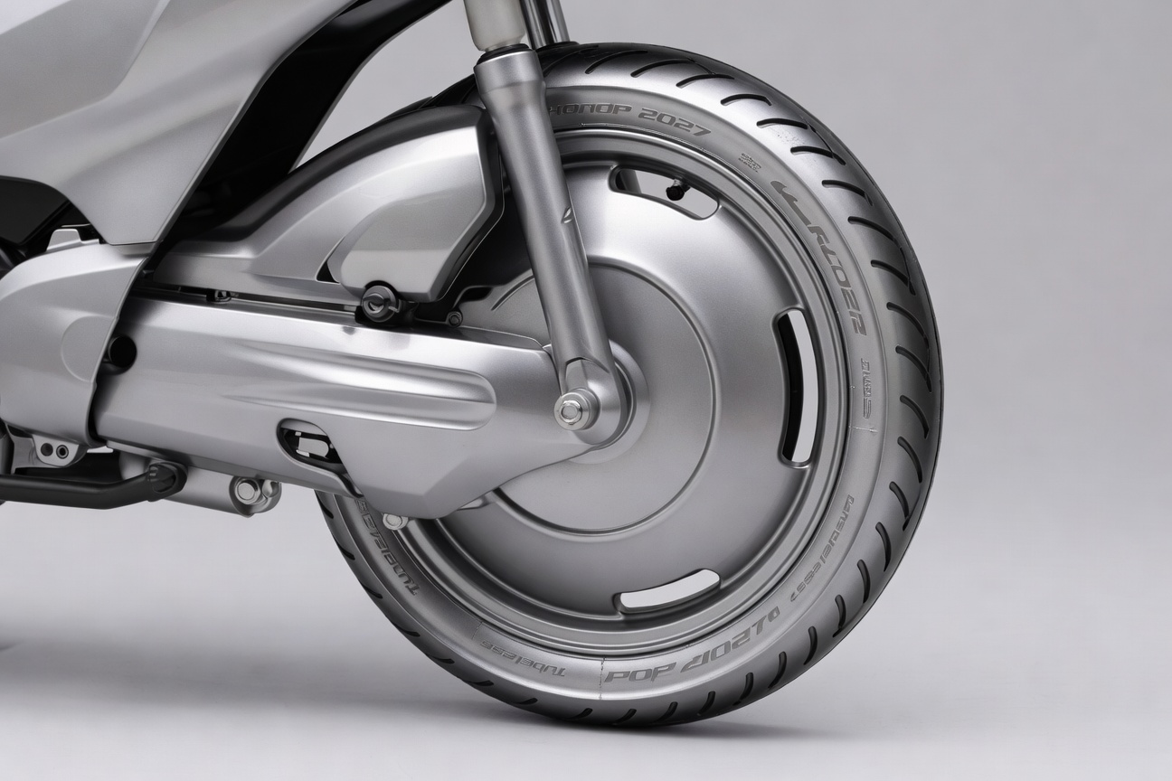 Roda de liga leve e pneu sem câmara da Honda Pop 2027 em detalhe