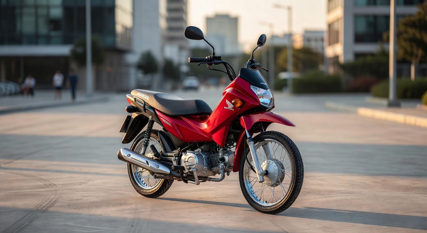 Honda Pop 2027 em vista frontal três quartos mostrando design completo da motocicleta