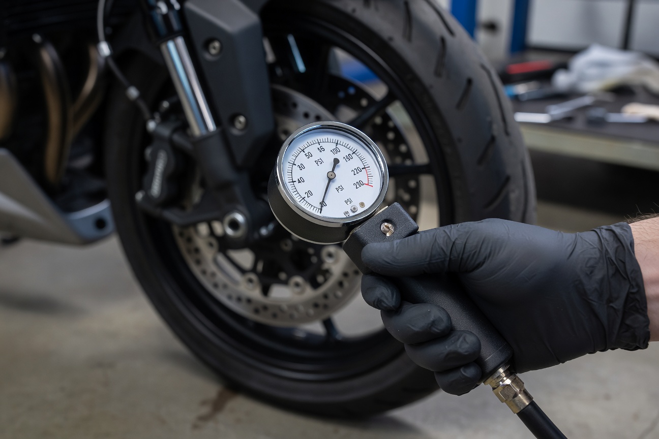 Calibragem de pneu de moto com medidor de pressão profissional em oficina