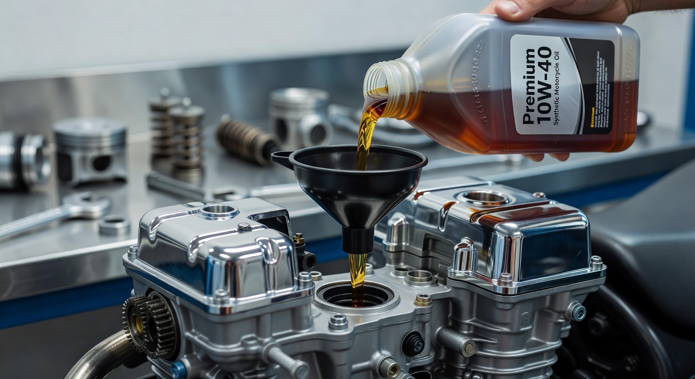 Troca de óleo do motor de motocicleta com óleo lubrificante novo sendo adicionado