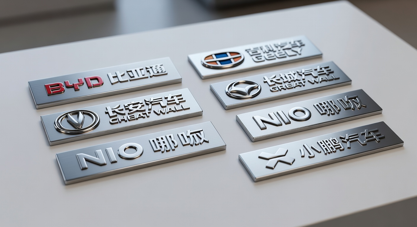 Composição de logos e emblemas de seis novas marcas automotivas chinesas em close-up com acabamento metálico