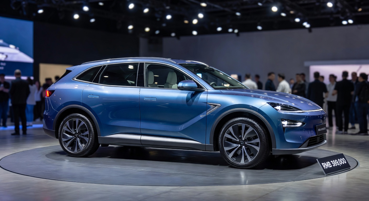 SUV elétrico chinês moderno em plataforma giratória no salão com acabamento azul metálico e design contemporâneo