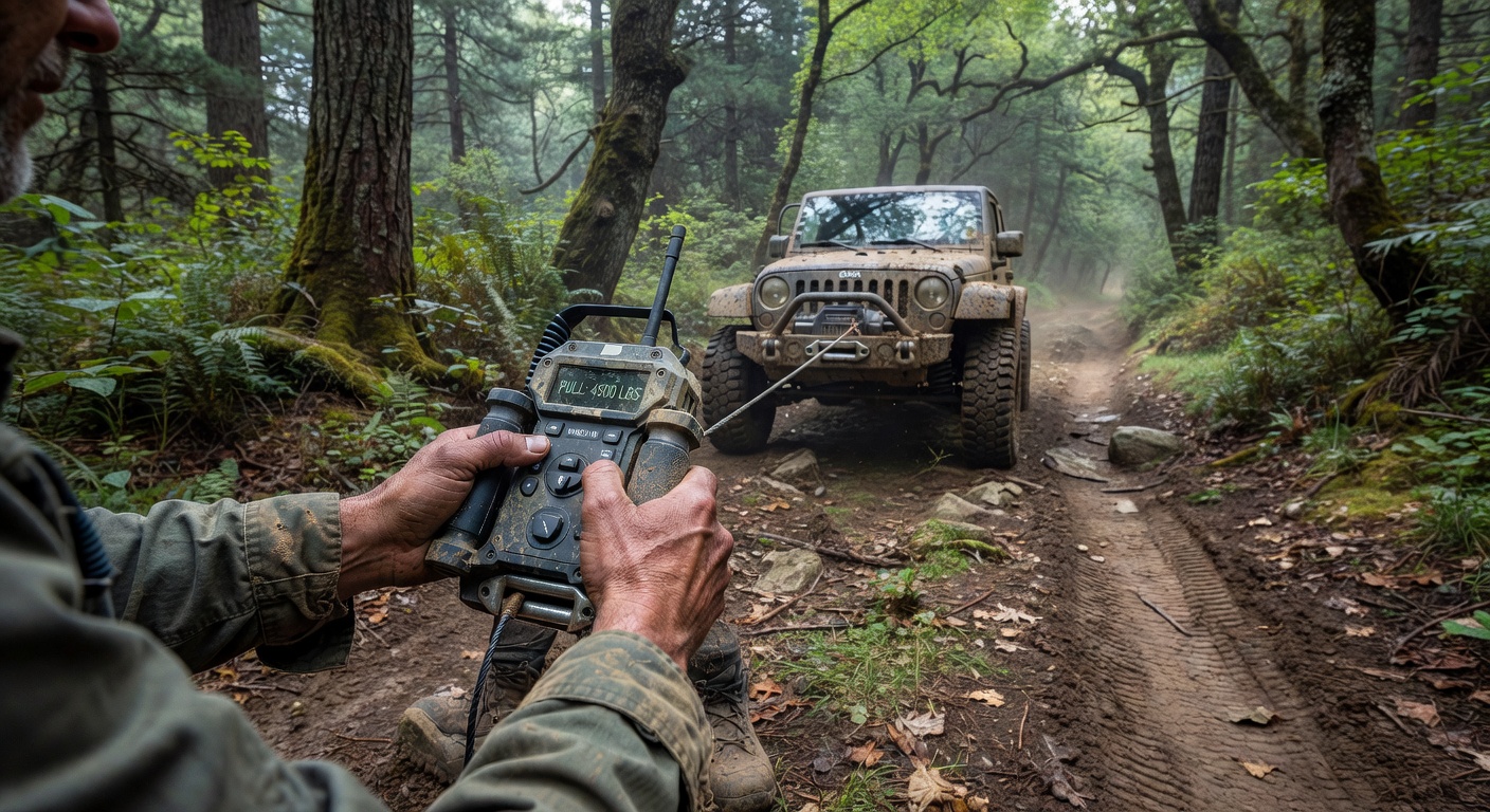Condutor operando controle remoto de guincho elétrico durante recuperação de veículo em trilha off-road