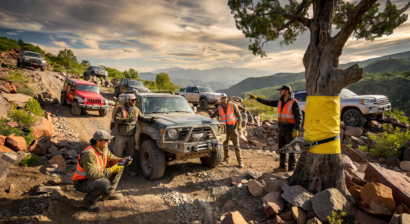 Cena de recuperação off-road mostrando técnica adequada de uso de guincho com cabo preso em árvore e equipamentos de proteção