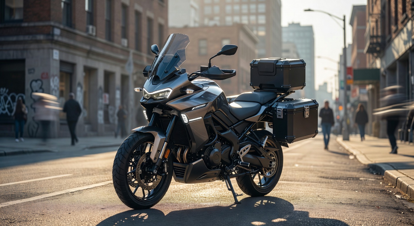 Motocicleta adventure 2026 estacionada em ambiente urbano com iluminação natural