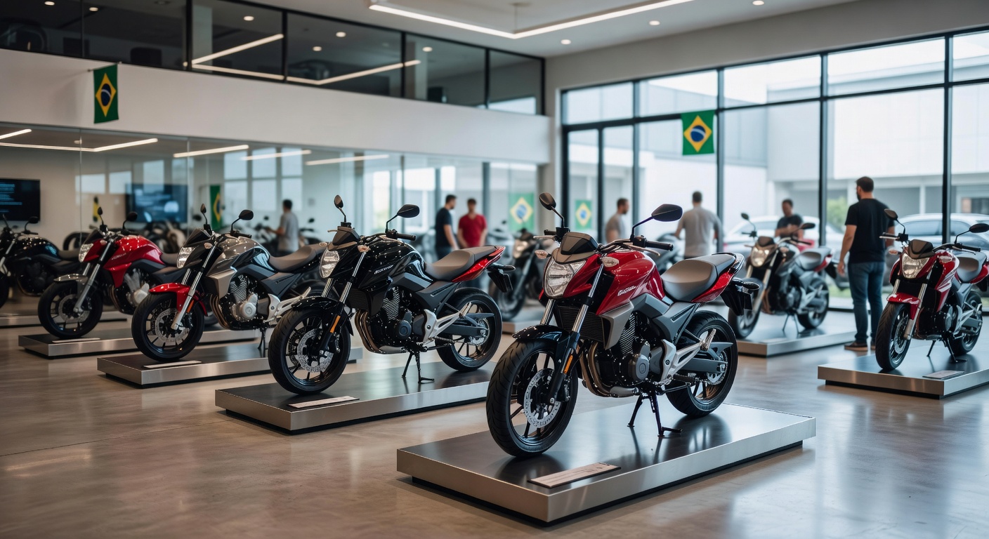 Interior de concessionária de motos no Brasil com múltiplos modelos novos em exposição