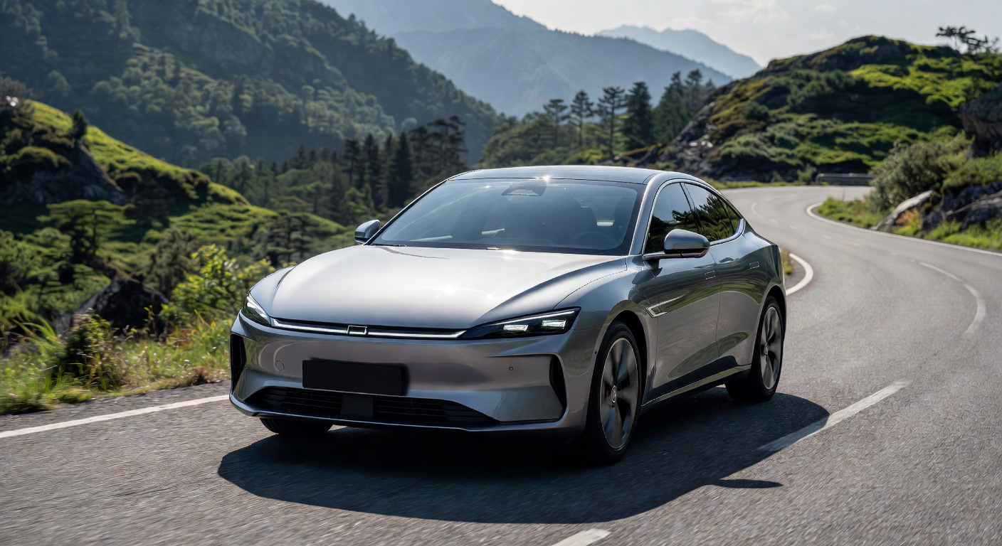 Carro híbrido Geely prateado em estrada sinuosa demonstrando design aerodinâmico e eficiência de combustível