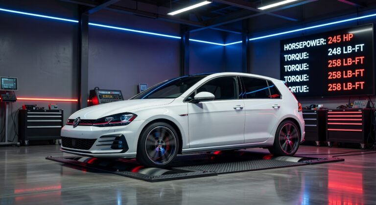 Volkswagen Golf GTI branco posicionado em dinamômetro realizando teste de potência nas rodas em oficina especializada