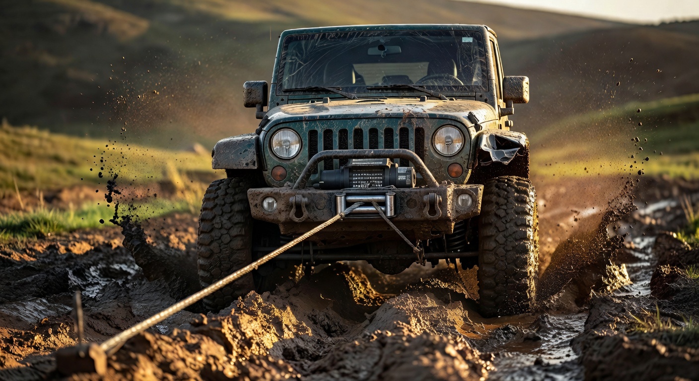 Veículo 4x4 off-road com guincho elétrico instalado no para-choque dianteiro realizando recuperação em terreno lamacento