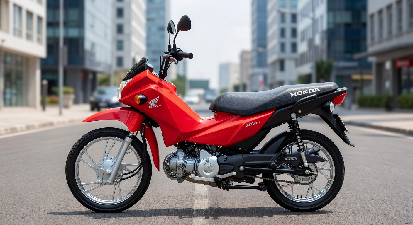 Honda Pop 2027 vermelha em vista lateral mostrando freio no guidão esquerdo e roda de liga leve sem raios