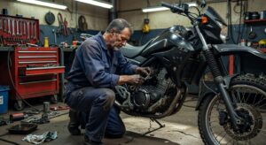 Mecânico profissional realizando manutenção preventiva em motocicleta esportiva moderna em oficina especializada