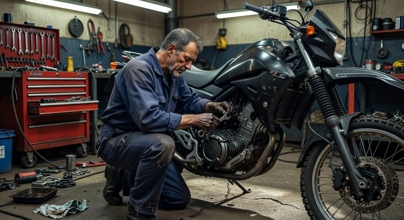 Mecânico profissional realizando manutenção preventiva em motocicleta esportiva moderna em oficina especializada