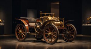 Benz Patent-Motorwagen Modelo I de 1886, o primeiro automóvel do mundo, um triciclo motorizado com rodas de madeira e motor a gasolina em exposição