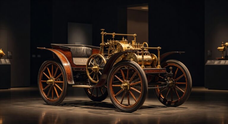 Benz Patent-Motorwagen Modelo I de 1886, o primeiro automóvel do mundo, um triciclo motorizado com rodas de madeira e motor a gasolina em exposição