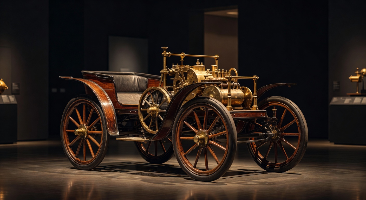 Benz Patent-Motorwagen Modelo I de 1886, o primeiro automóvel do mundo, um triciclo motorizado com rodas de madeira e motor a gasolina em exposição