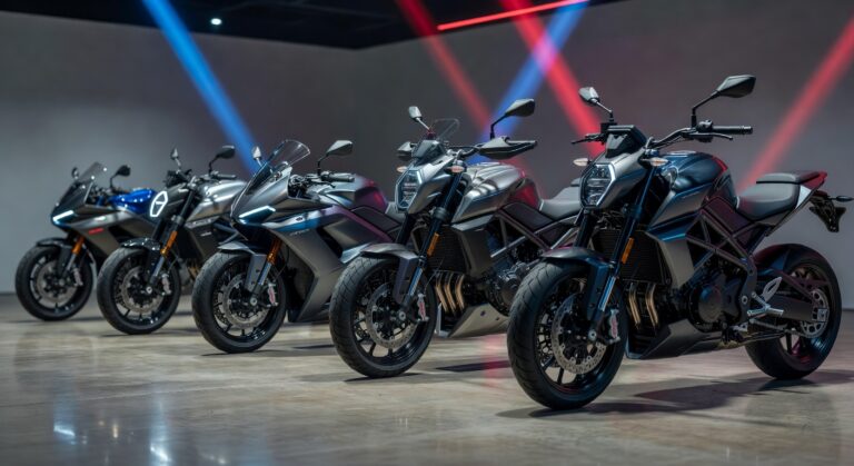 Motos modernas 2026 alinhadas em showroom profissional com iluminação dramática mostrando diferentes estilos e modelos