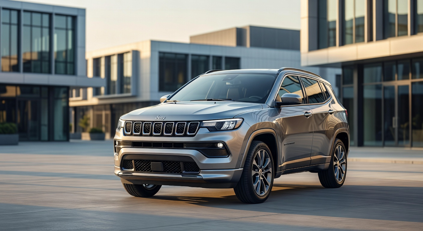 Novo Jeep Compass 2026 em prata metálico estacionado em ambiente urbano moderno com iluminação golden hour