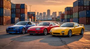Carros esportivos JDM icônicos incluindo Nissan Skyline GT-R, Toyota Supra e Mazda RX-7 alinhados em porto japonês ao entardecer