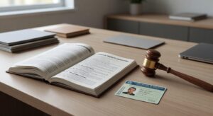 Código de Trânsito Brasileiro e CNH sobre mesa com martelo de juiz simbolizando reforma legislativa do CTB