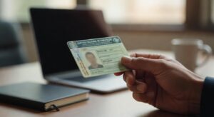 Carteira Nacional de Habilitação (CNH) sendo segurada em mão, representando o processo de renovação automática do documento