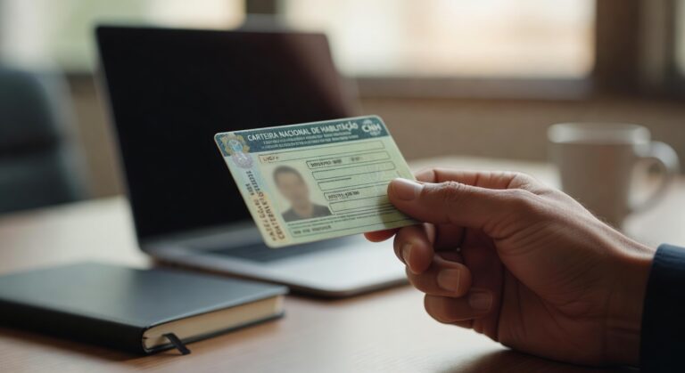 Carteira Nacional de Habilitação (CNH) sendo segurada em mão, representando o processo de renovação automática do documento