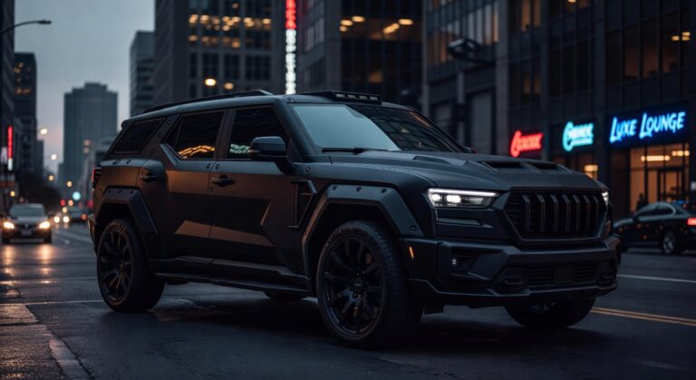 Rezvani Vengeance SUV blindado em ambiente urbano ao entardecer, mostrando design agressivo e painéis de carroceria militares