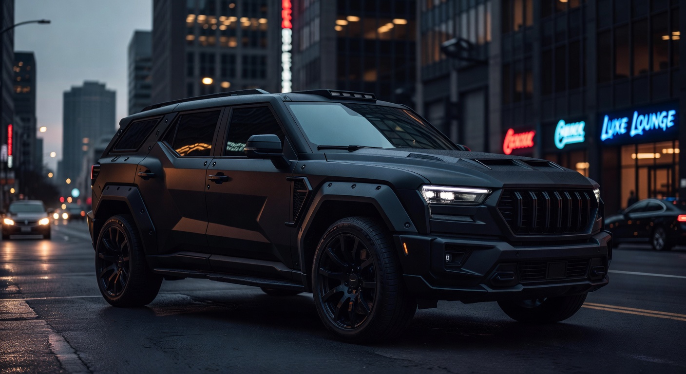 Rezvani Vengeance SUV blindado em ambiente urbano ao entardecer, mostrando design agressivo e painéis de carroceria militares