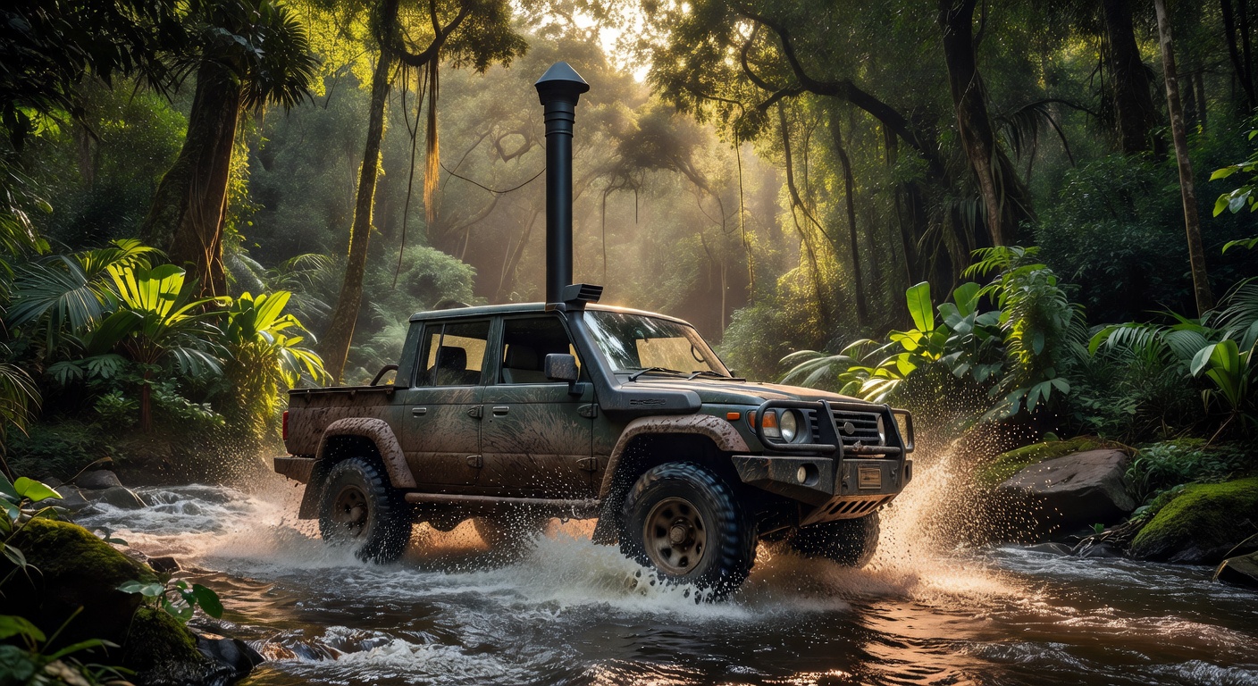 Veículo 4x4 com snorkel atravessando riacho profundo com água respingando nas rodas