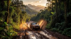 Veículo 4x4 atravessando trilha off-road lamacenta cercada por floresta tropical brasileira ao entardecer