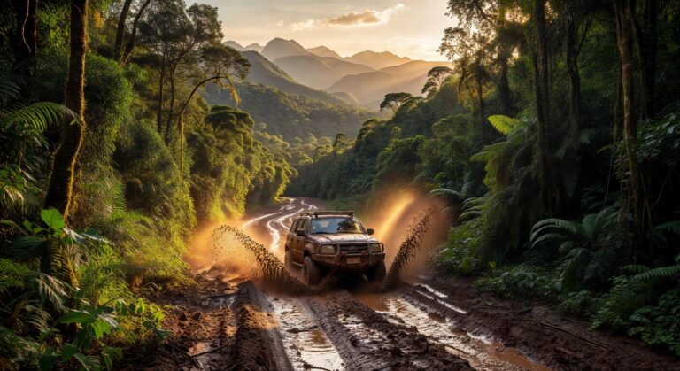 Veículo 4x4 atravessando trilha off-road lamacenta cercada por floresta tropical brasileira ao entardecer