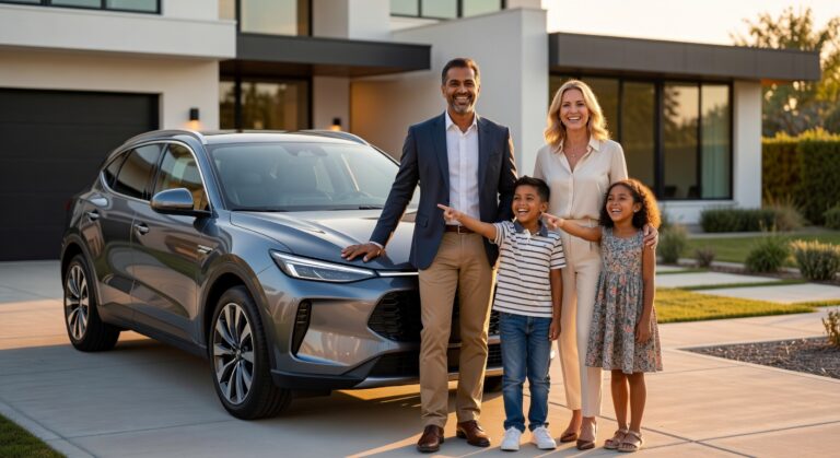 Família feliz de quatro pessoas ao lado de SUV híbrido moderno estacionado em frente a casa suburbana