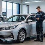 Toyota Corolla prata em centro de revisão automotiva com mecânico profissional realizando inspeção de manutenção preventiva