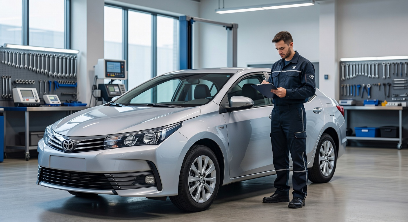 Toyota Corolla prata em centro de revisão automotiva com mecânico profissional realizando inspeção de manutenção preventiva