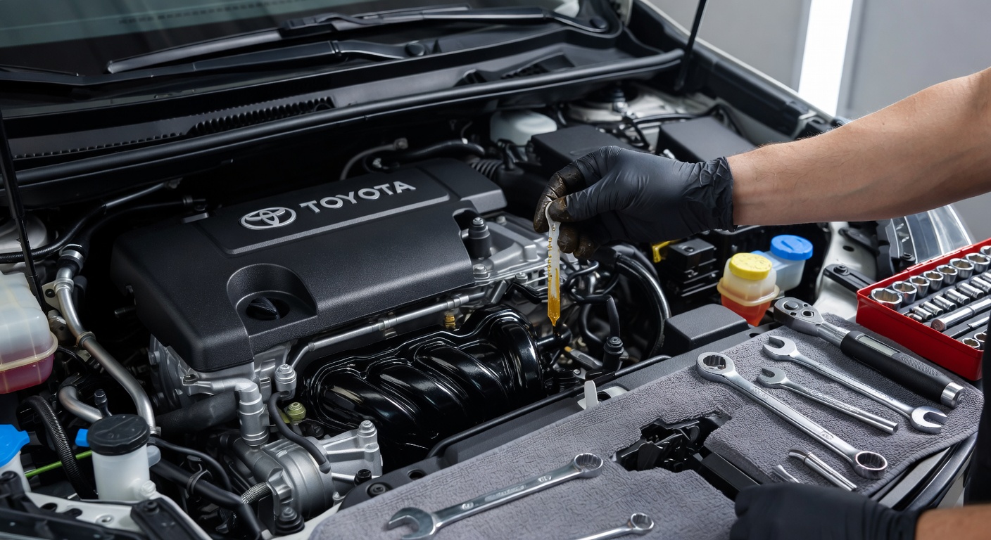 Motor do Toyota Corolla durante verificação de óleo em manutenção preventiva com mecânico profissional