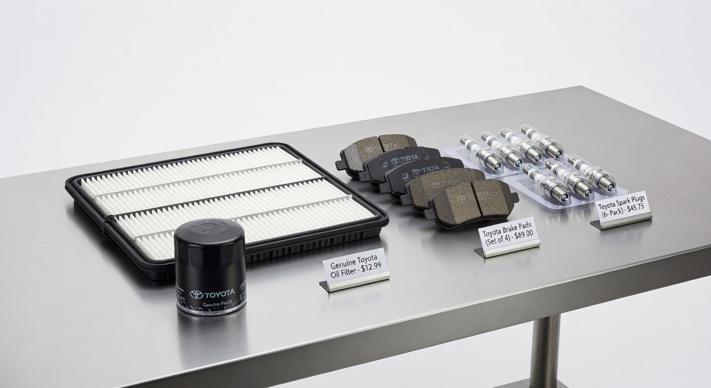Peças originais Toyota para manutenção do Corolla incluindo filtros, pastilhas de freio e velas organizadas sobre mesa