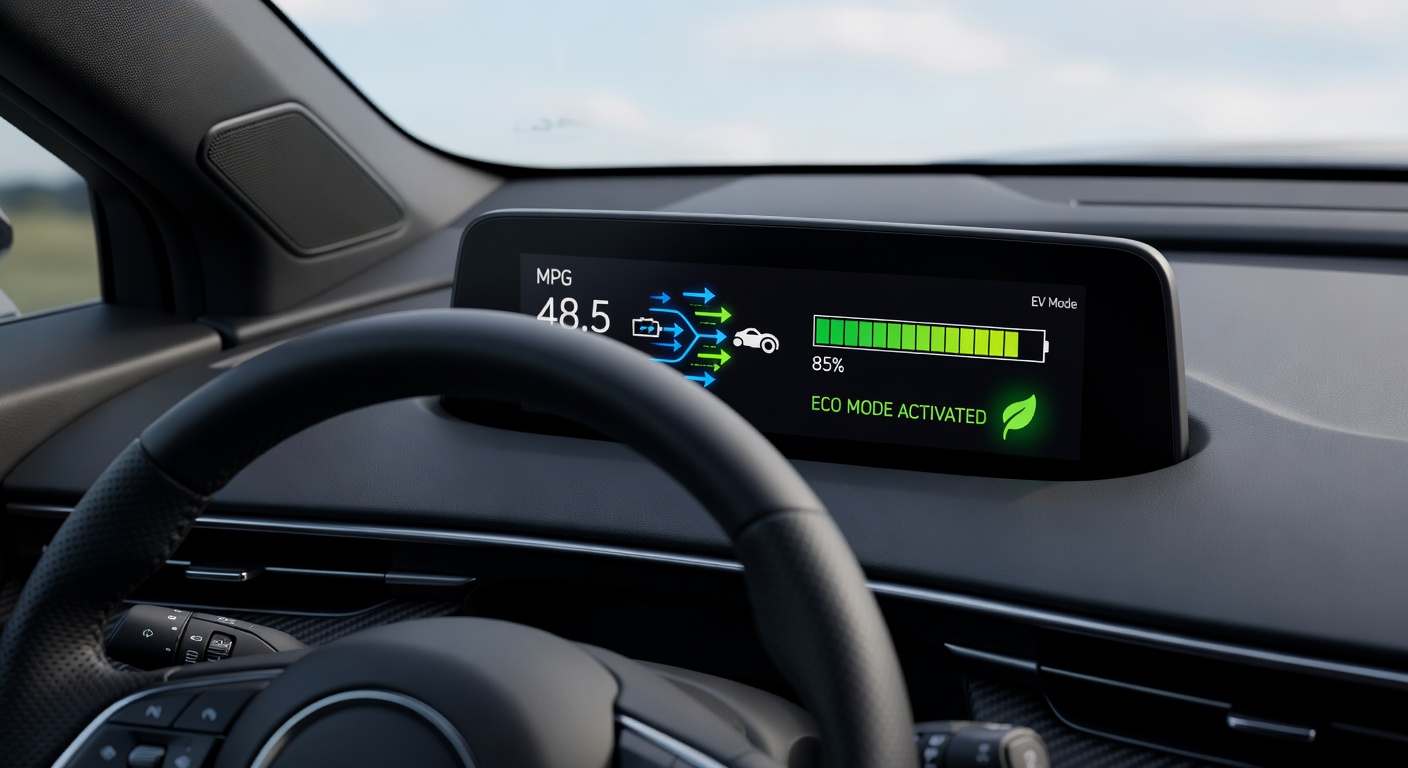 Painel digital de carro híbrido exibindo indicadores de economia de combustível e bateria elétrica